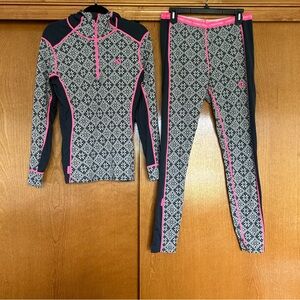 Kari Traa Rose Base Layer Hoodie & Leggings Set Fair Isle Pink Grey Size XL Ski